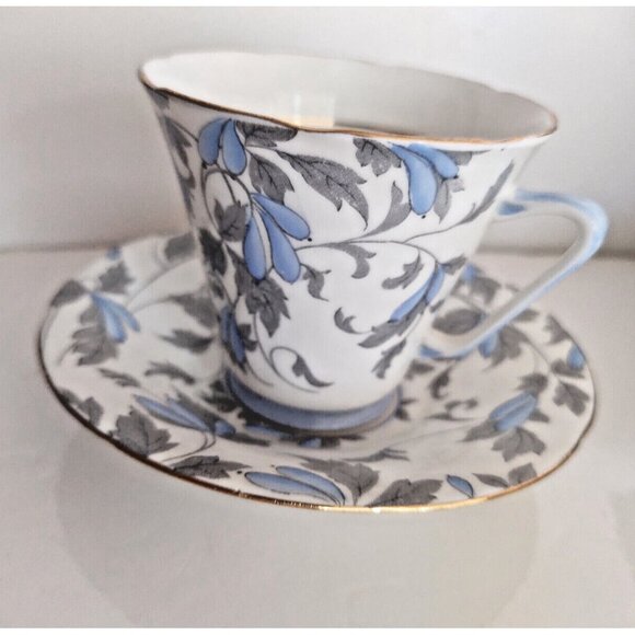 Royal Grafton Bone China Teacup & Saucer – Floral - Blue Flowers, Grey Leaves - Picture 1 of 8